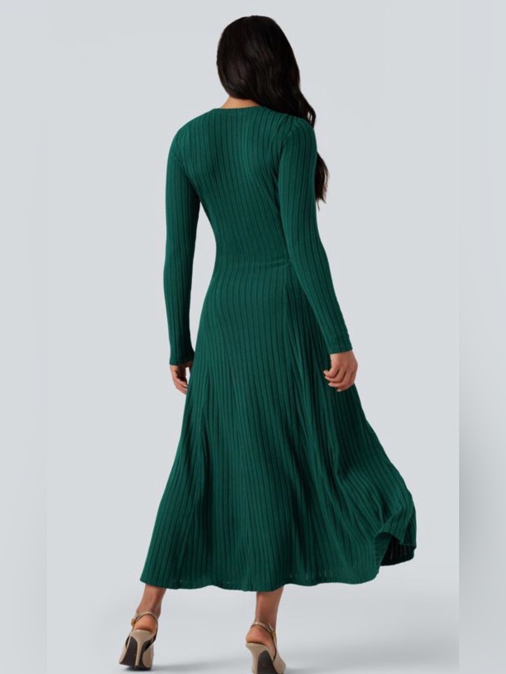 HALARA Ribbed Knit Henley Neck Long Sleeve Flowy Maxi Casual Dress - Picture 2 of 9